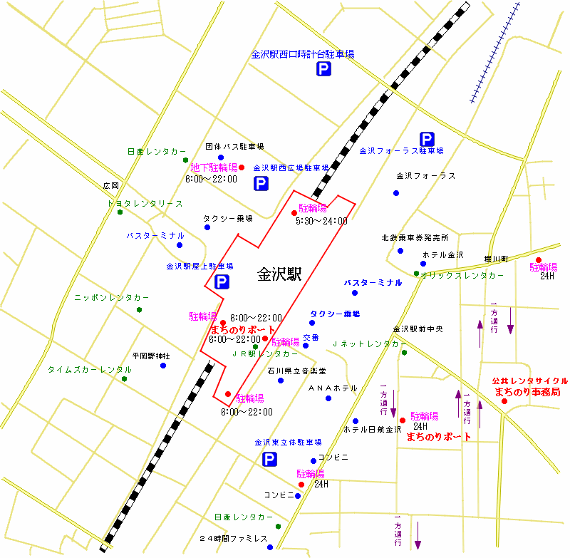 金沢駅周辺自転車施設の地図