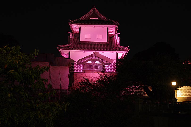ピンクリボン運動　金沢城石川門のライトアップの画像