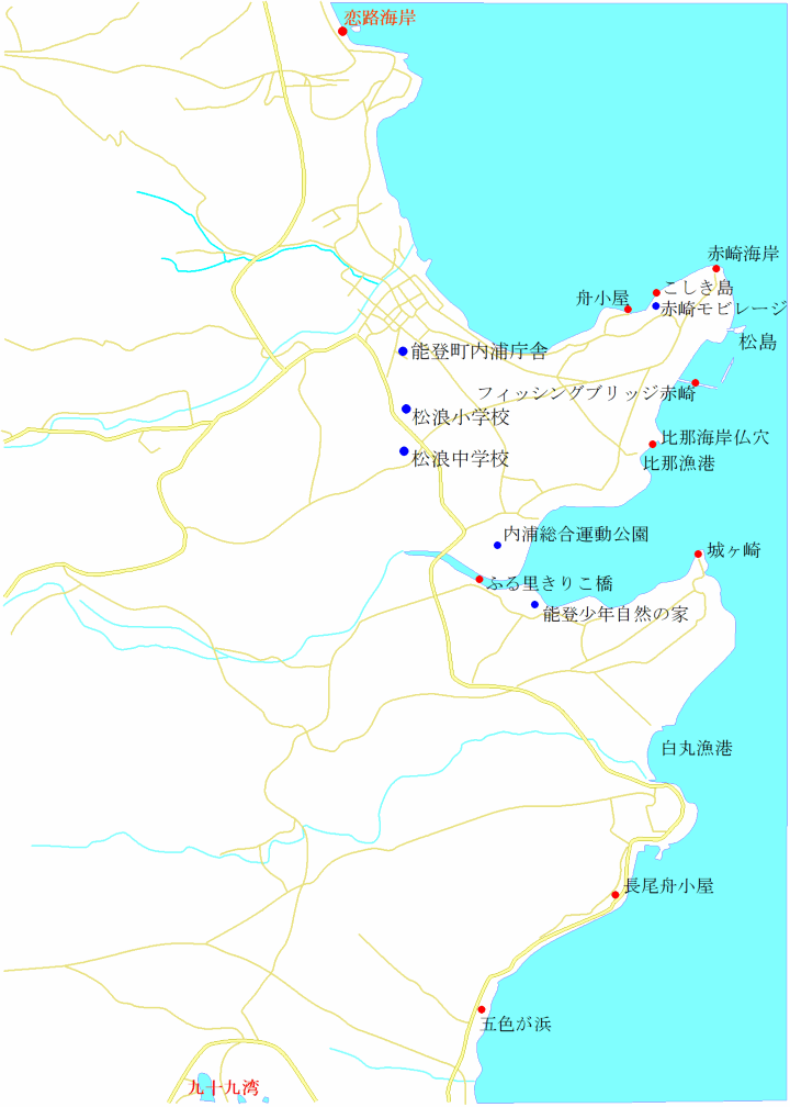 赤崎海岸、五色ヶ浜海水浴場の地図