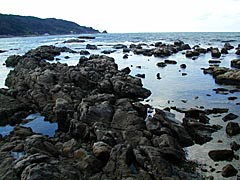 袖ケ浜海水浴場近くの岩場の画像