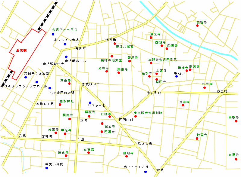 金沢駅前の寺院の地図