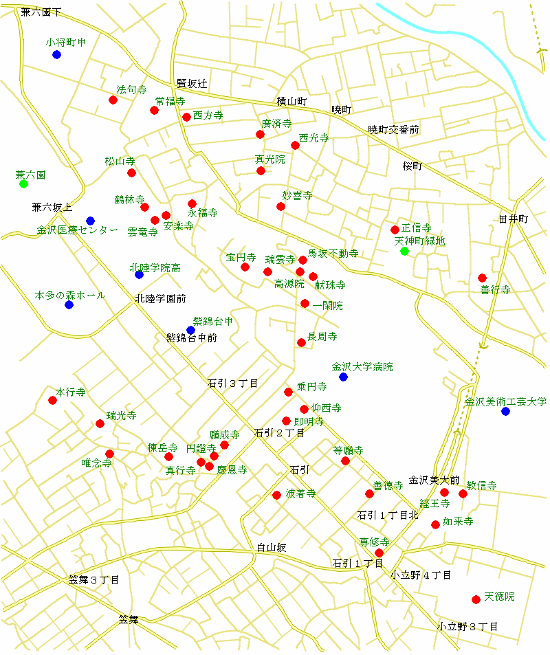 金沢市の小立野寺院群の寺院の地図