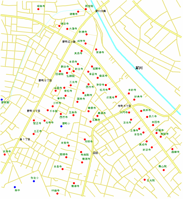 寺町寺院群の寺院の地図