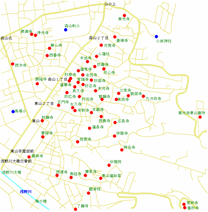 金沢市の卯辰山山麓寺院群の寺院の地図
